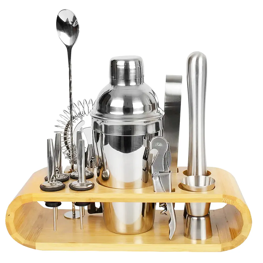 Kit homebar 11 peças inox com suporte de bambu